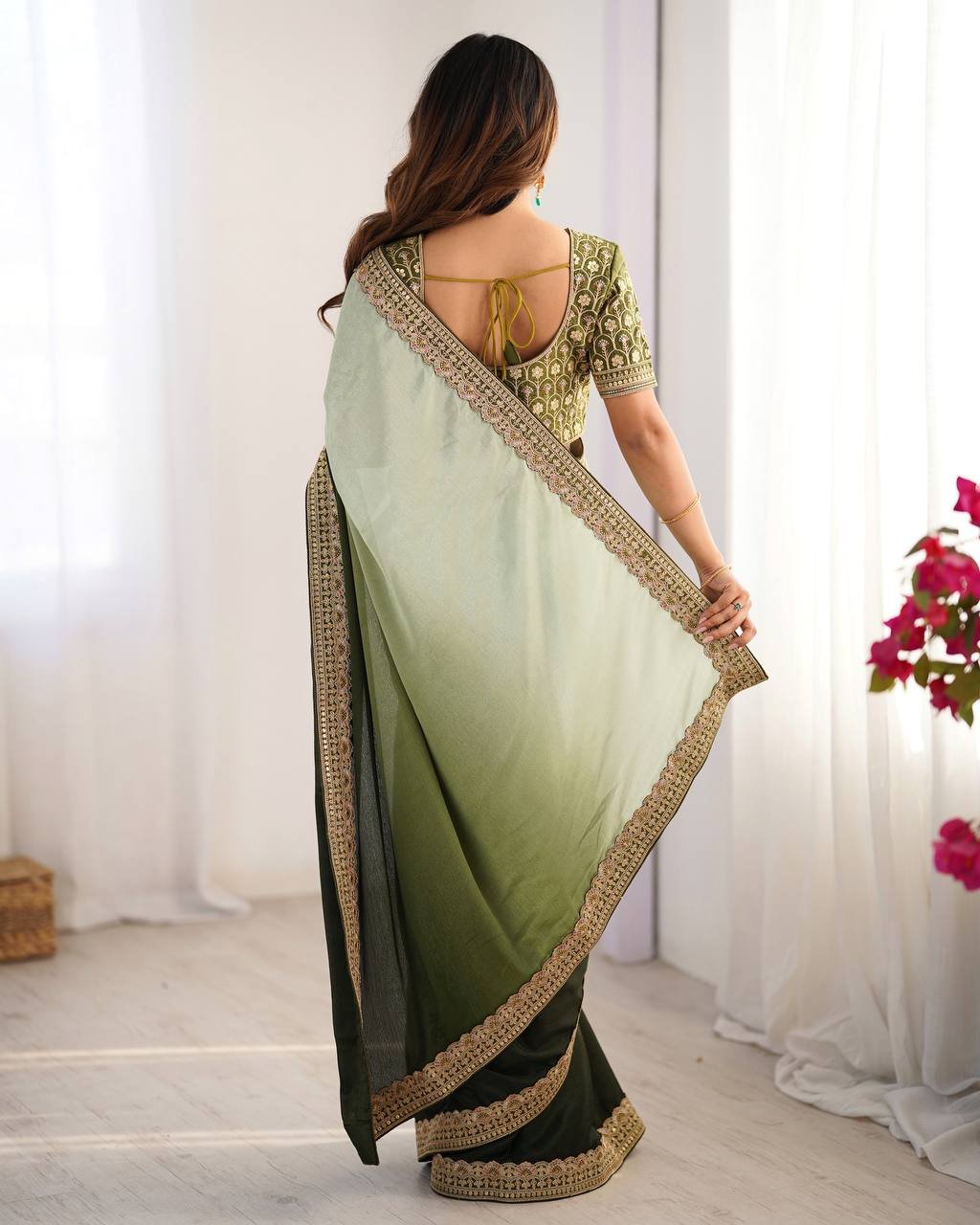 Women's Elegant Ombre Green Georgette Saree with Intricate Golden Zari & Stone Embellishments – Complete with Heavily Worked Blouse for Festive & Wedding Wear - Image 26