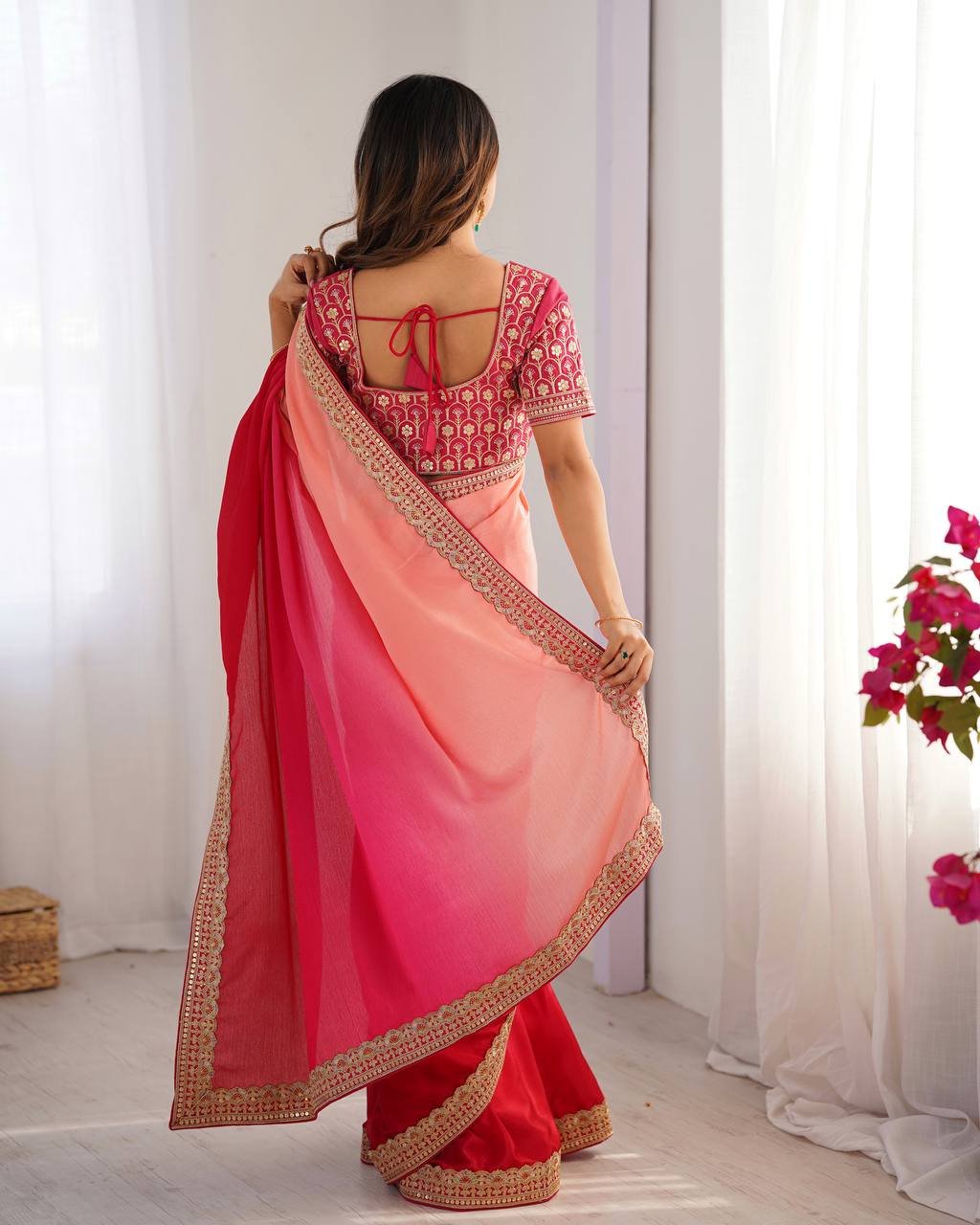 Women's Elegant Ombre Green Georgette Saree with Intricate Golden Zari & Stone Embellishments – Complete with Heavily Worked Blouse for Festive & Wedding Wear - Image 21
