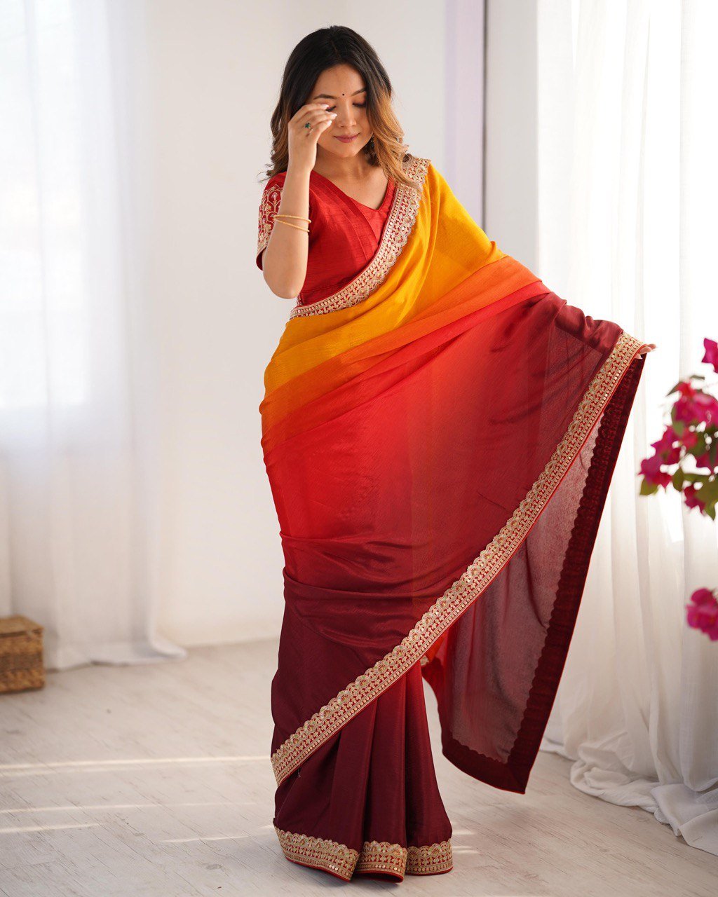 Women's Elegant Ombre Green Georgette Saree with Intricate Golden Zari & Stone Embellishments – Complete with Heavily Worked Blouse for Festive & Wedding Wear - Image 8